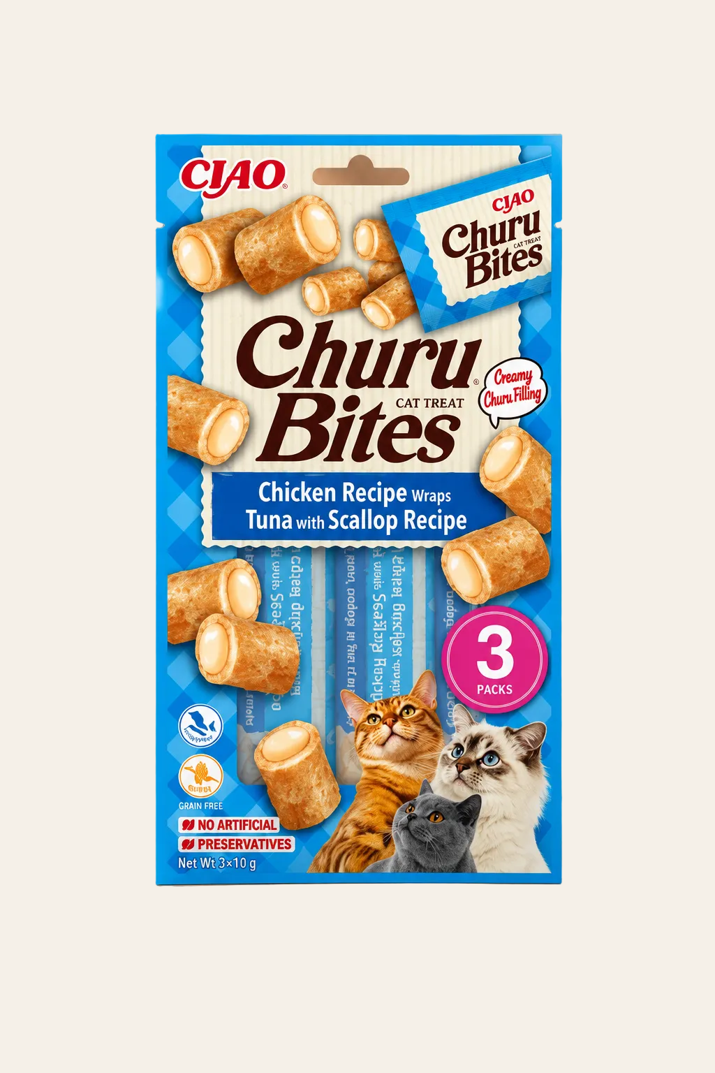 Inaba Churu Bites kattensnacks met kip, tonijn en sint-jakobsschelp, blauwe verpakking met drie zakjes van 10 gram op beige achtergrond.