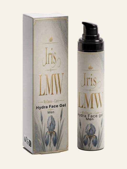 Iris LMW hydraterende gezichtsgel voor mannen in verpakking met zichtbaar etiket.