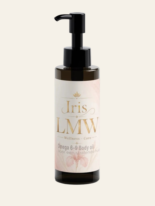 Iris LMW fles bodyolie voor een stralende huid met zichtbaar productetiket.