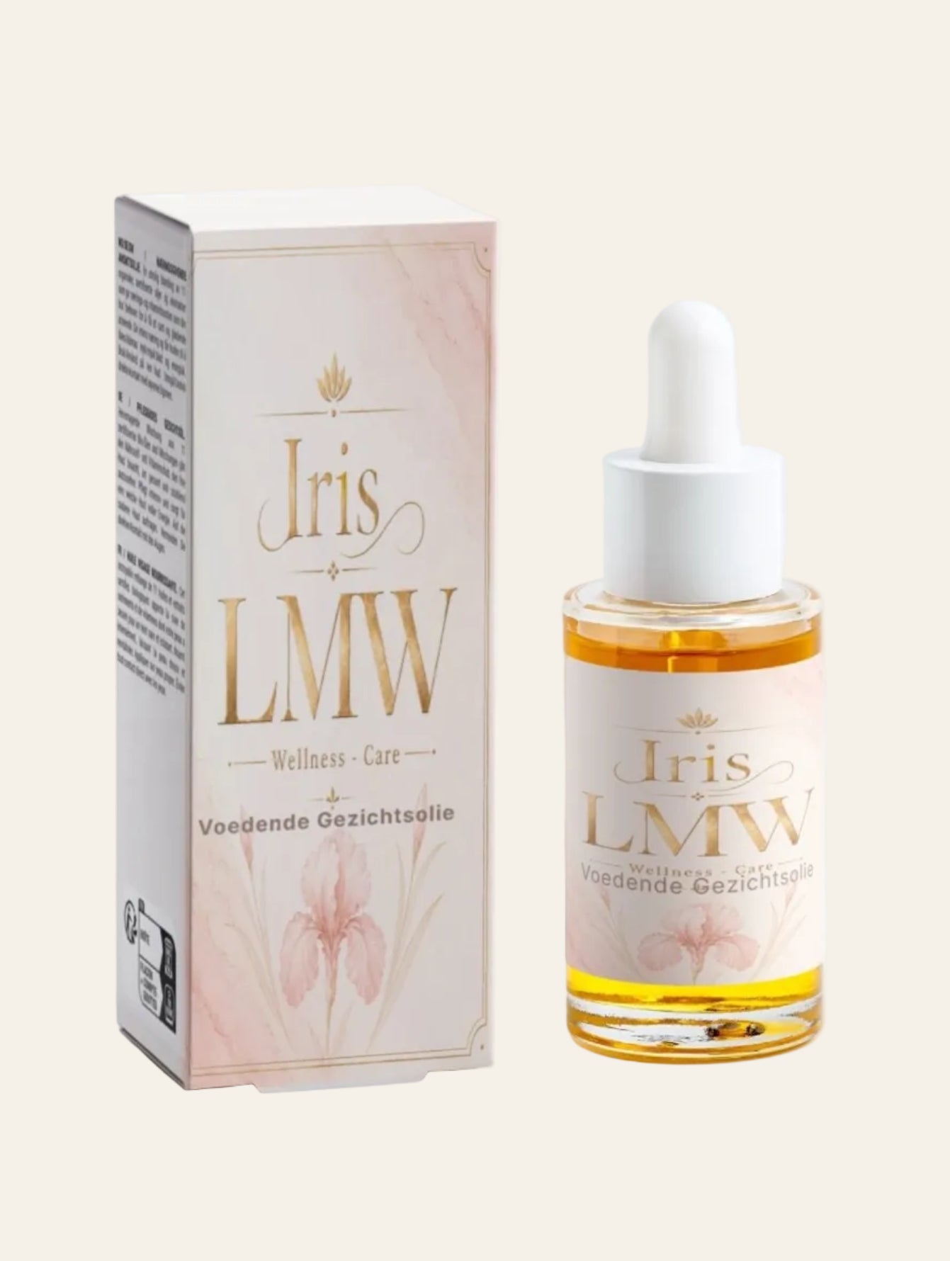 Iris LMW verpakking van voedende gezichtsolie met zichtbaar productetiket.