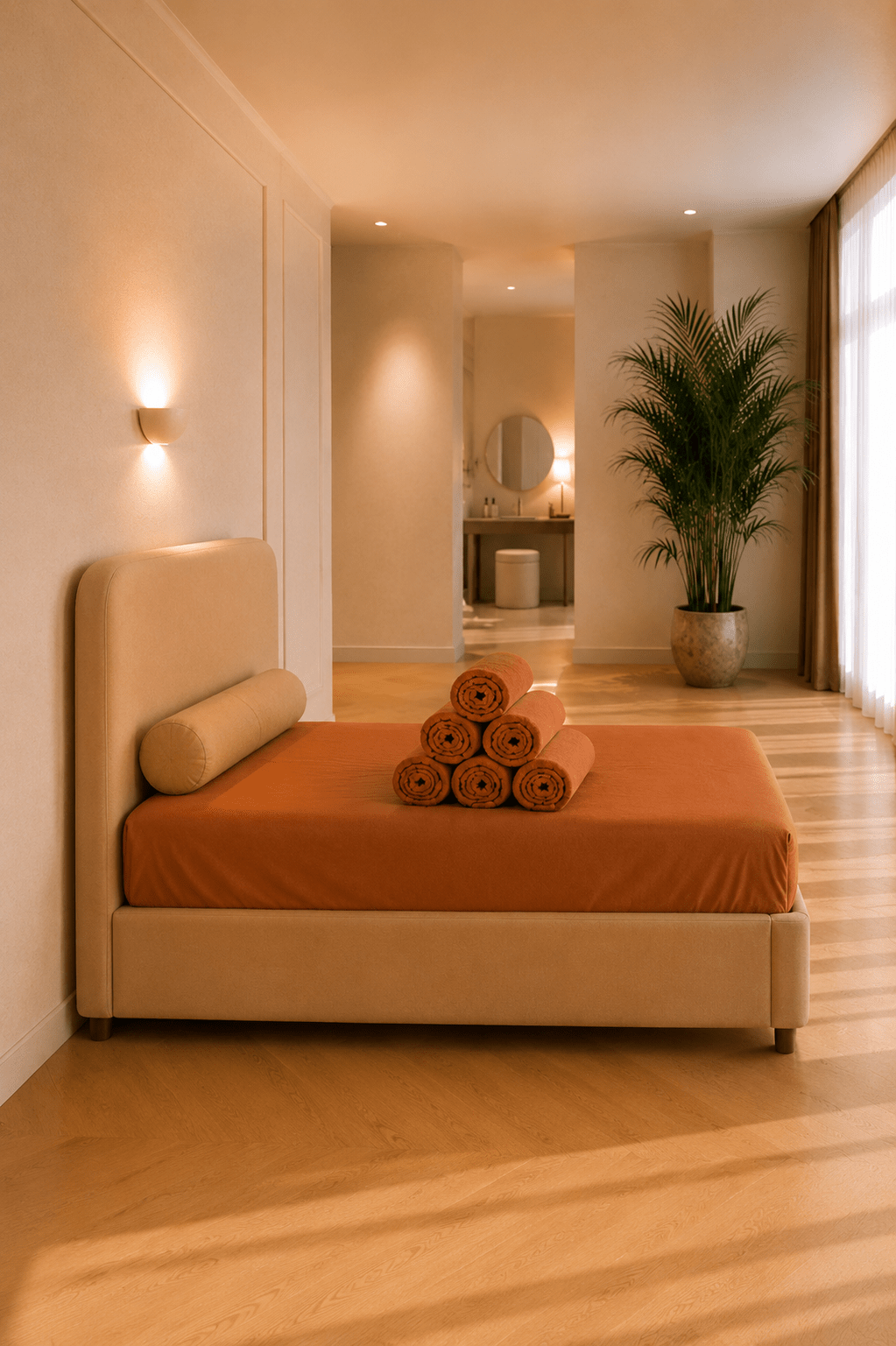 Karamelkleurig percal katoenen hoeslaken op een bed, gecombineerd met een bijpassend decoratief kussen