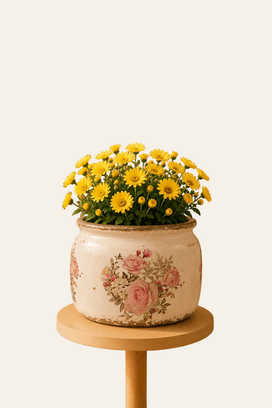 Keramische bloempot met botanisch rozenmotief als productaanzicht op een houten tafel.