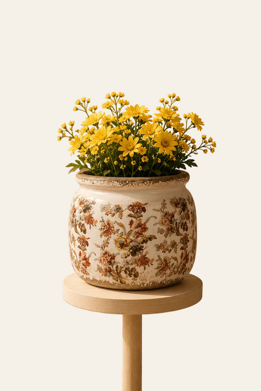 Keramische bloempot met romantisch bloemenmotief als vrijstaand productaanzicht.