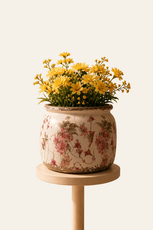 Keramische bloempot met landelijk rozenmotief en een bloemboeket.