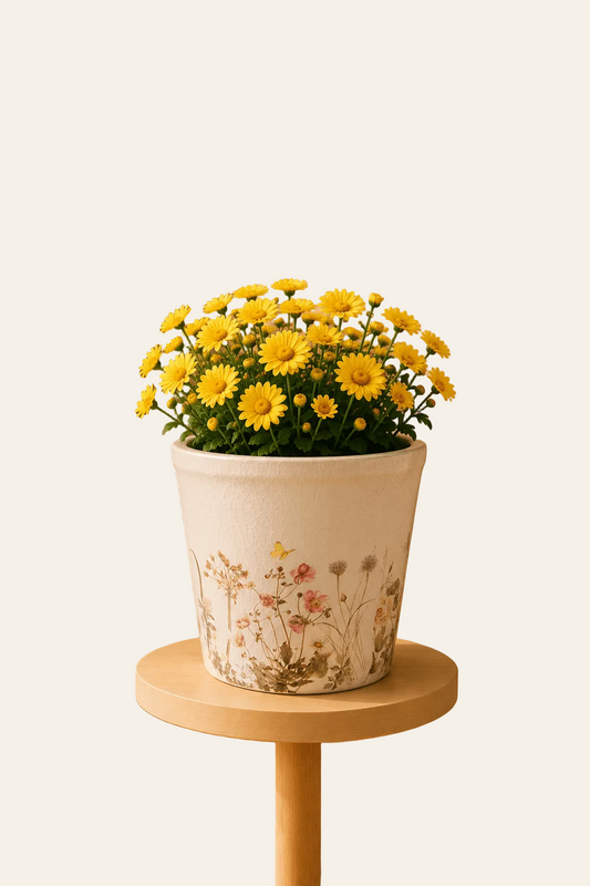 Keramische bloempot met bloemen- en vlindermotief als productaanzicht op een houten tafel.