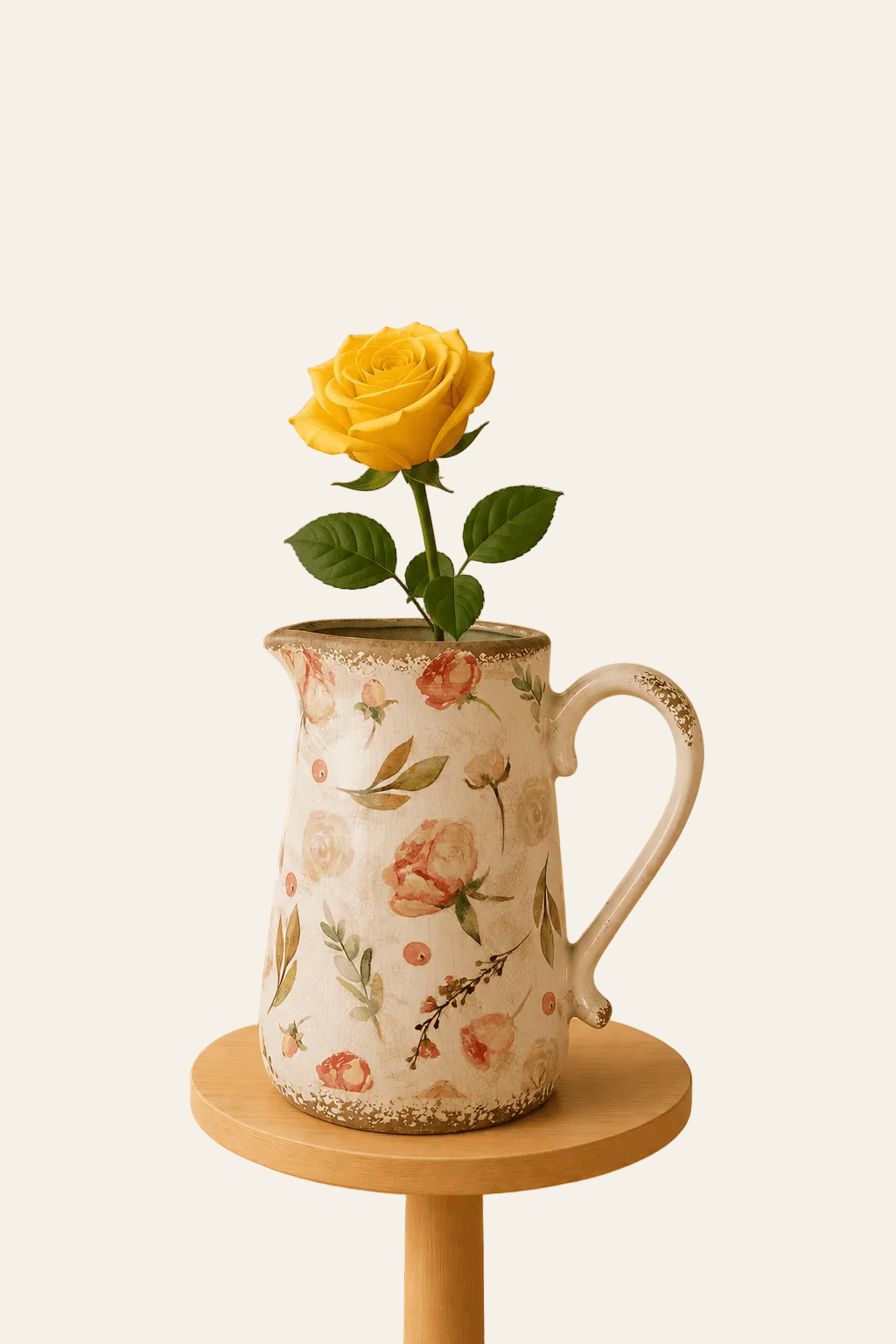 Keramische decoratiekan met bloemenmotief met zichtbaar oor als productaanzicht.
