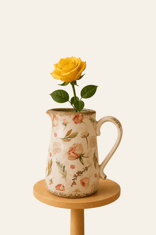 Keramische decoratiekan met bloemenmotief met zichtbaar oor als productaanzicht.