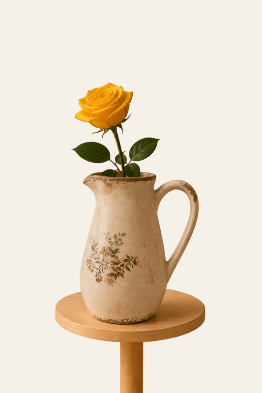 Keramische decoratiekan met geelkleurig bloemenmotief met zichtbaar oor als productaanzicht.