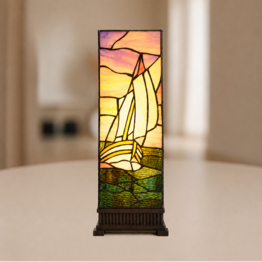 Tiffany Tafellamp 18x18x48 cm Beige Paars Glas Zeilboot Tiffany Bureaulamp