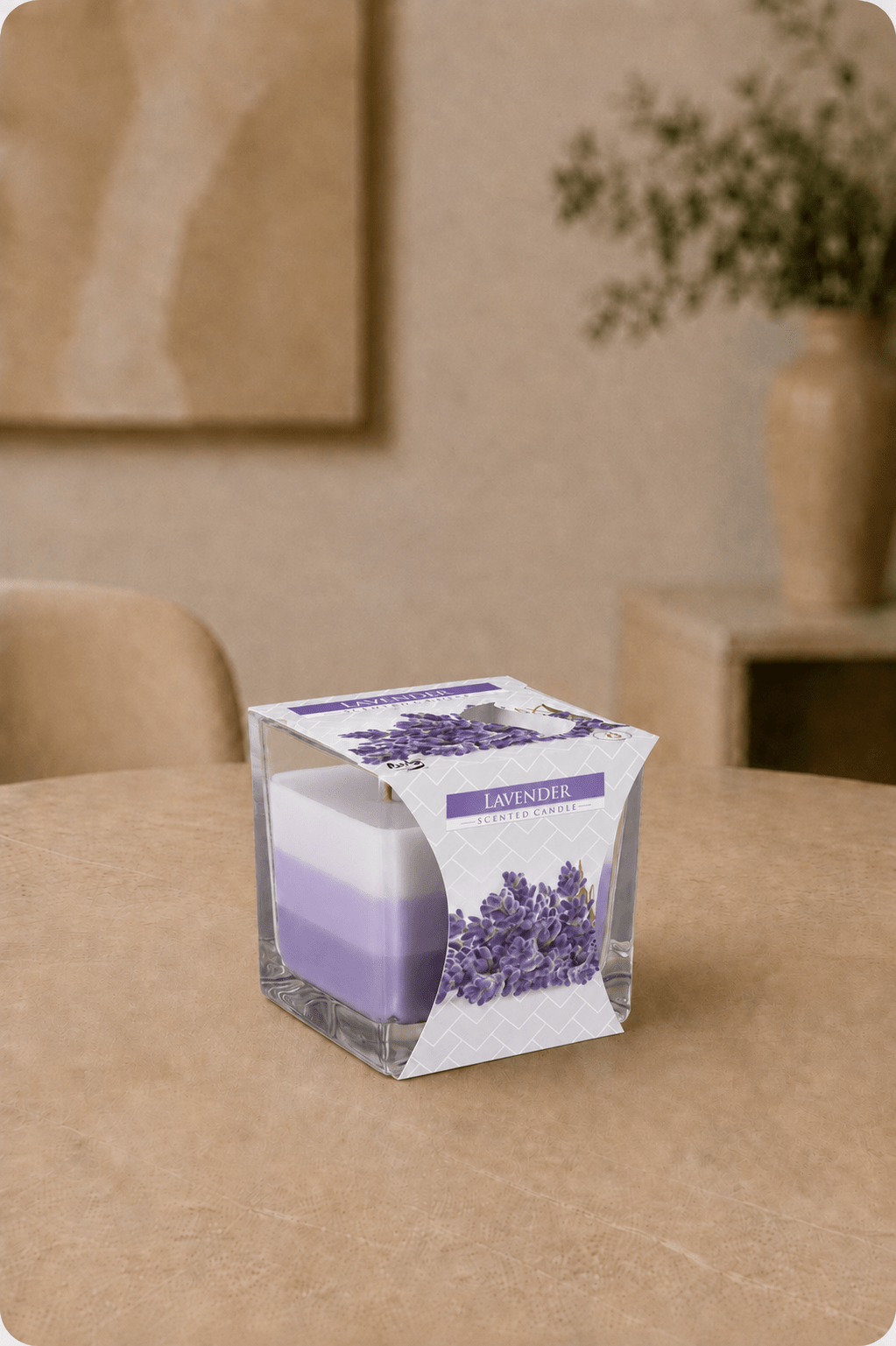 LMW Wellness-Care Regenboog potkaars in lavendelkleur 8 × 8 × 8 cm, detailweergave
