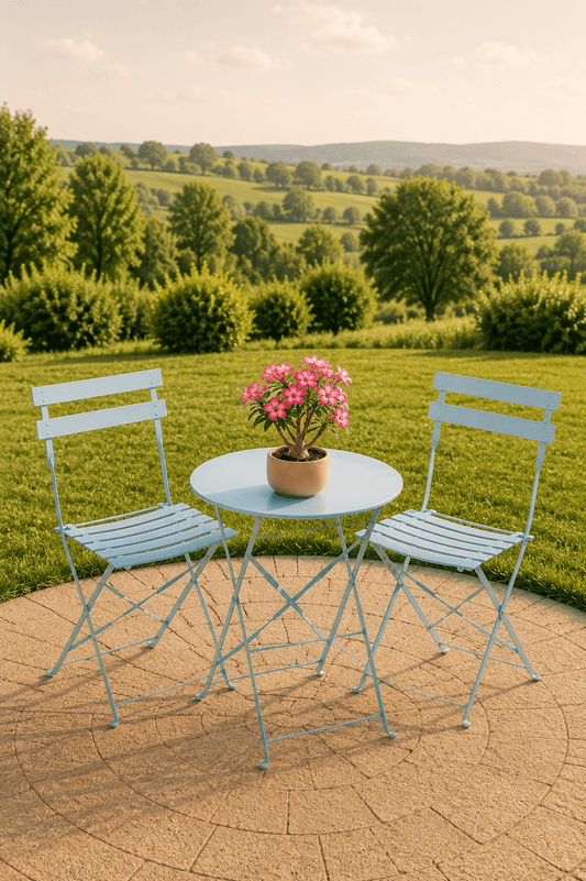 Lichtblauwe metalen tuinbistroset met ronde tafel twee stoelen en roze bloemen op een terras met uitzicht over een groene tuin
