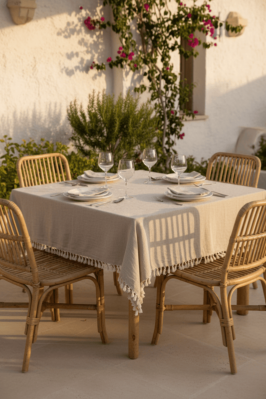 Linnen beige tafelkleed op een gedekte tuintafel op het terras 180 x 300 cm