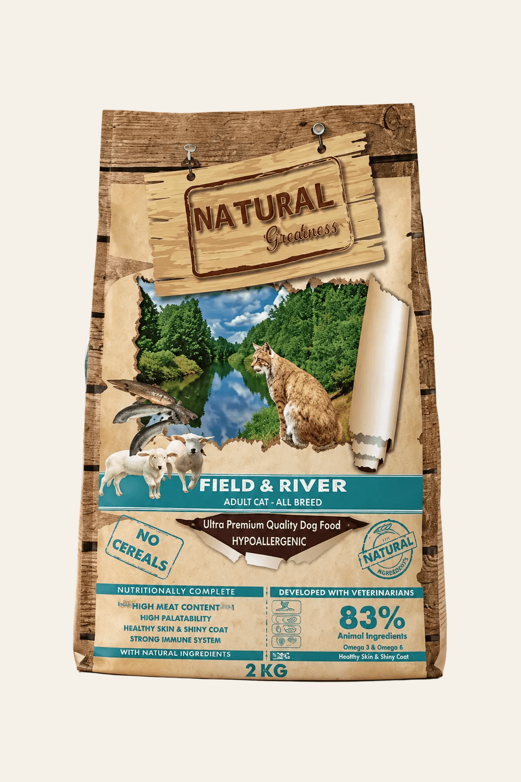 Natural Greatness Field & River kattenvoer 2 kg zak met zalm en lam voor volwassen katten op warme beige productachtergrond