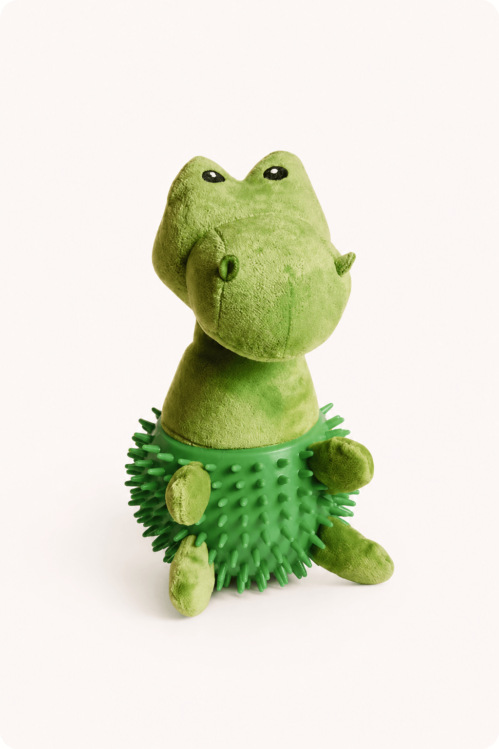 Neandno pluche dino met pieper met tandverzorging op elgale beige achtergrond
