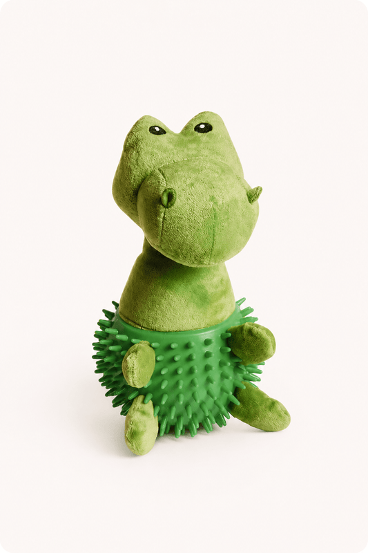 Neandno pluche dino met pieper met tandverzorging op elgale beige achtergrond