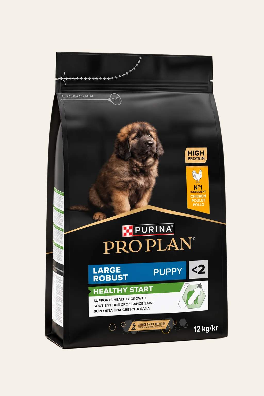 Purina Pro Plan Puppy Large Robust Healthy Start droogvoer met kip voor pups van grote hondenrassen, zwarte verpakking van 12 kg