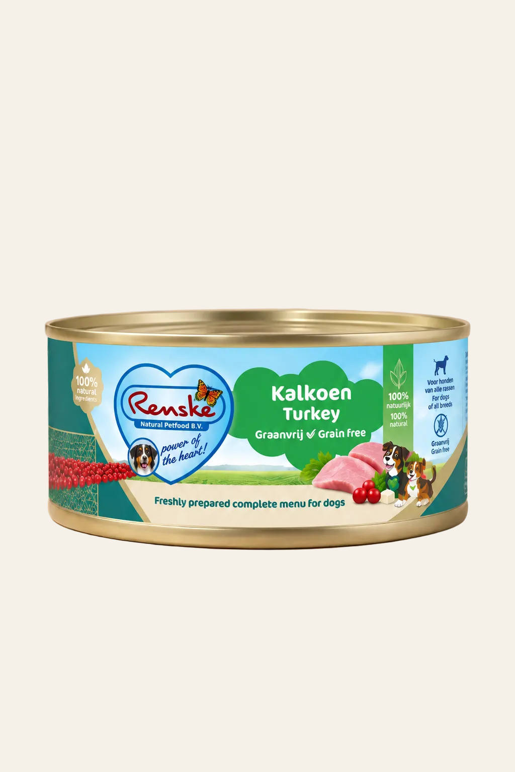 Renske Vers Vlees Kalkoen Graanvrij 24 x 95 g, hondenvoer in blikjes met 55% kalkoen, cranberries, pompoen en wortelen.