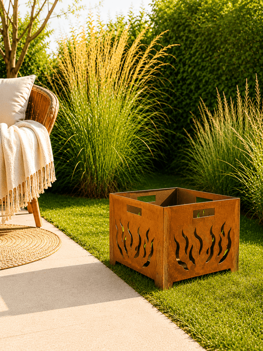 Roestige vuurkorf met authentiek motief naast een lichtbeige terras waarop een retro sofa met dekentje en kussen staat