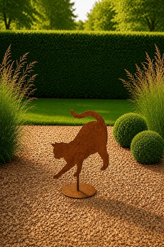 Roestige decoratieve kat op vloerplaat die tussen de bloemen spelt in de tuin