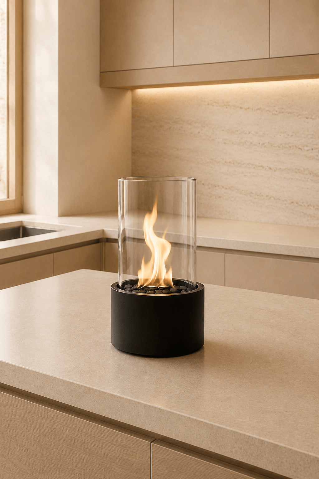 Ronde tafelhaard op bio-ethanol in zwart metaal en glas voorgesteld op een lichtbeige keuken eiland in een gezellige keuken