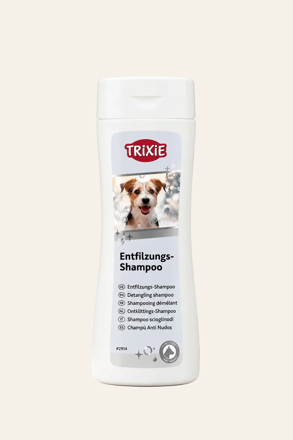 Trixie ontwittingsshampoo voor langharige honden in witte flacon van 250 ml met afbeelding van een hond en grijs etiket.