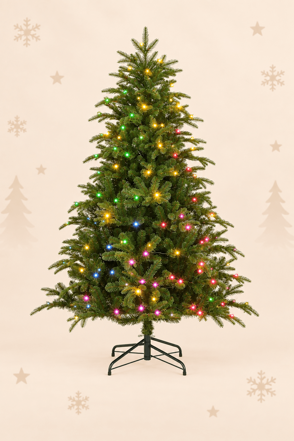 Groene kunstkerstboom 155 cm met 180 geïntegreerde RGB LED lampjes en zwarte standaard op neutrale achtergrond