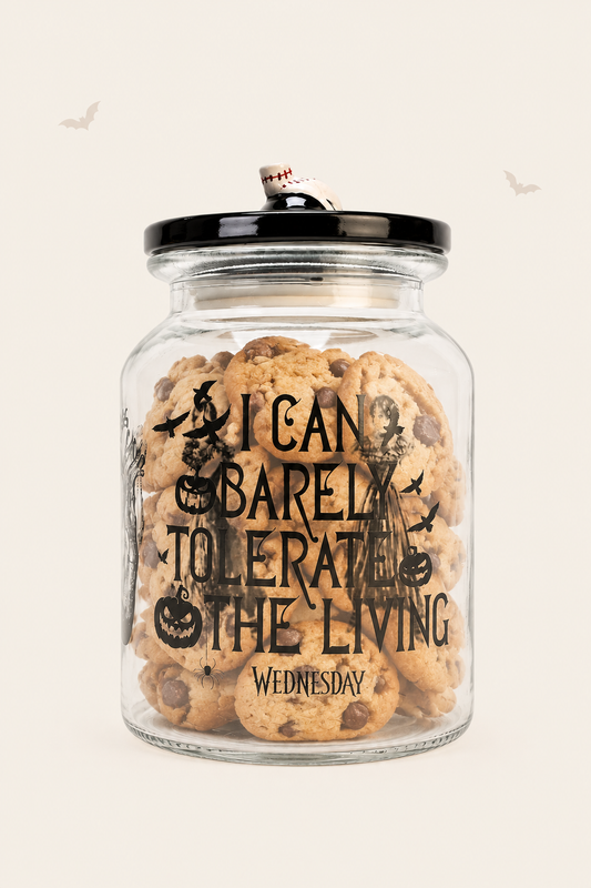 Voorraadpot wednesday addams in glas met deksel voor koeken
