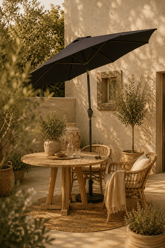 Zwarte parasol met slinger en kantelingsfunctie die gekanteld staat naast een houten tafel op een terras