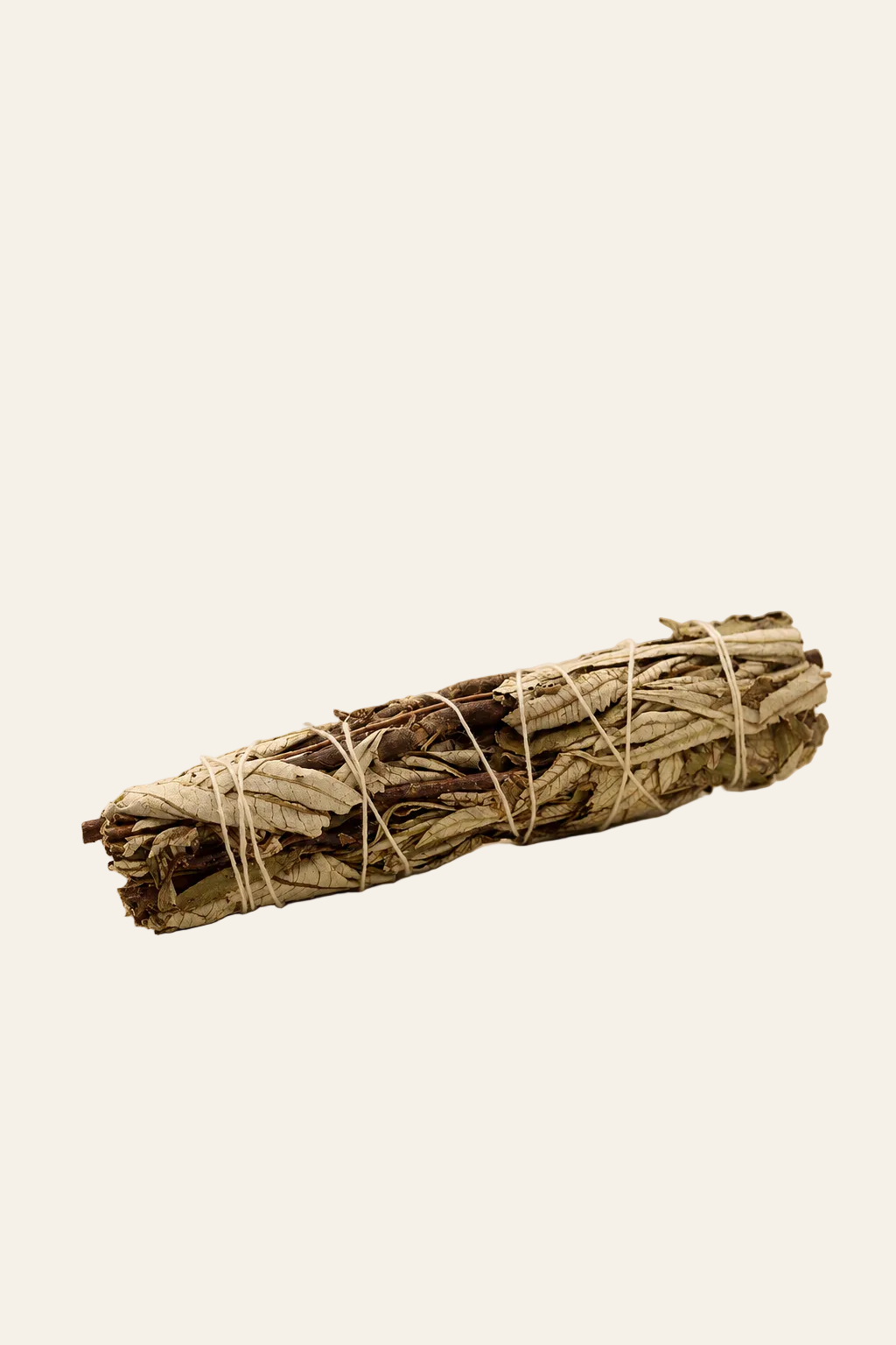 Zwarte salie smudge stick 15 cm op een licht beige achtergrond als productfoto