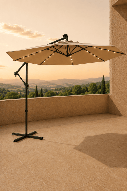 Zweefparasol met solar led verlichting van 3m breedt waarvan de verlichting brand op een terras met zicht op de bergen