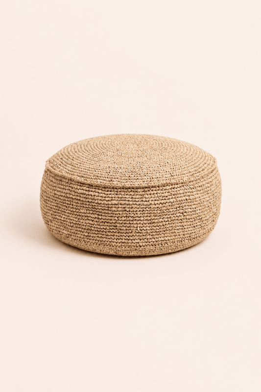 Raffia flores zandkleurige gevlochten poef