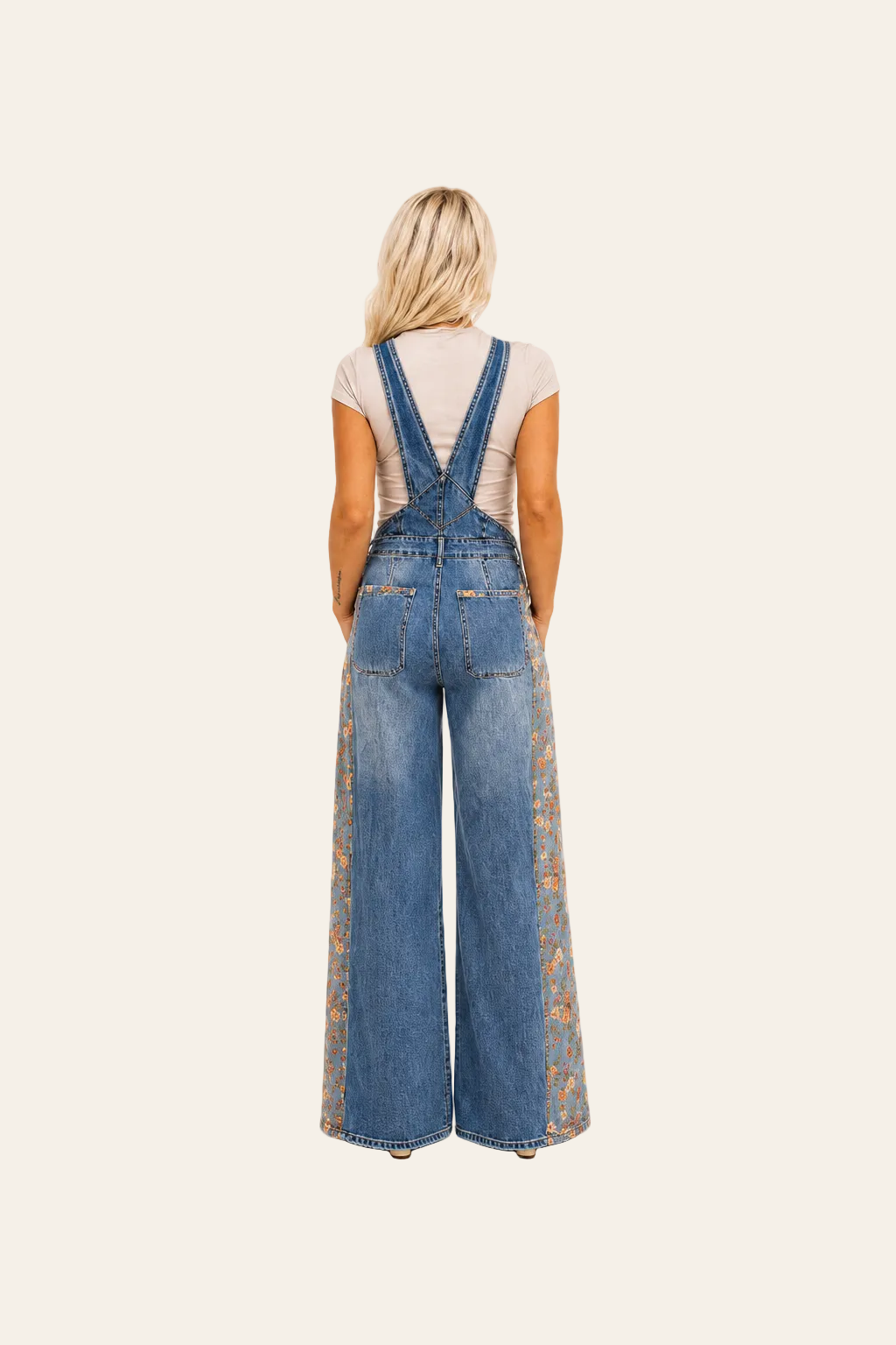 Denim tuinbroek met bloemenprint en brede pijpen