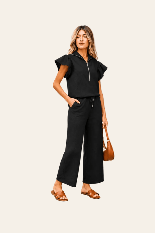 Conjunto de dos piezas de top con volantes y pantalón de pernera ancha