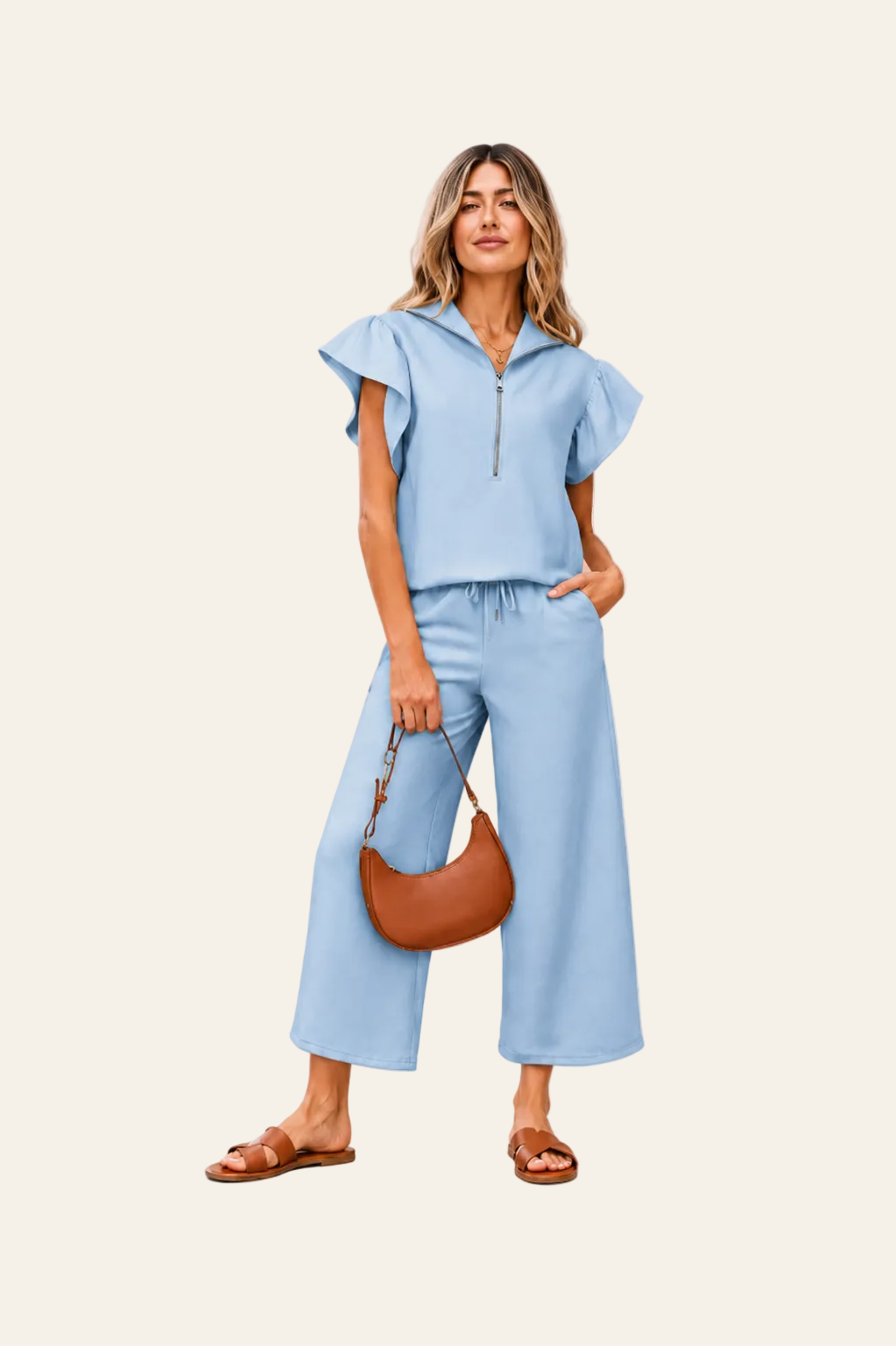 Tweedelige set top met ruches en wijde broek