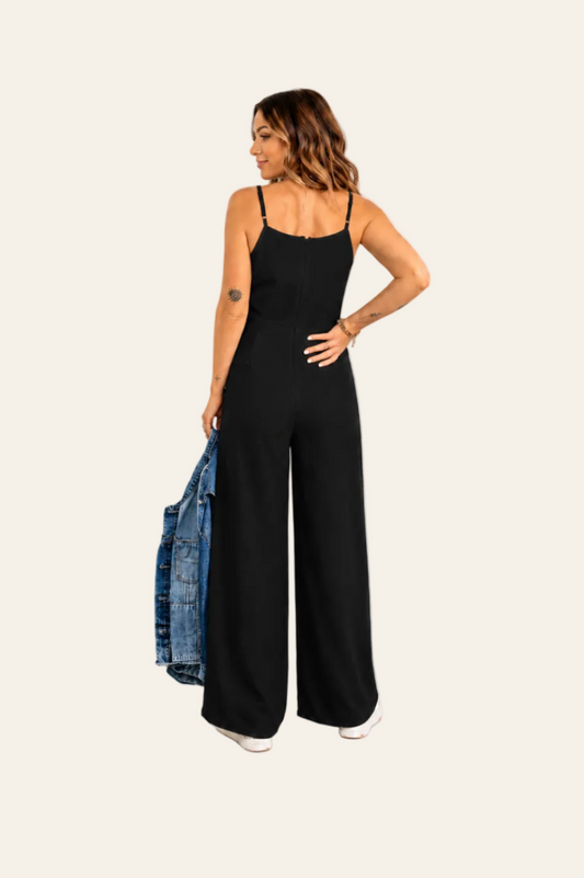 Zwarte jumpsuit met brede pijpen en spaghettibandjes