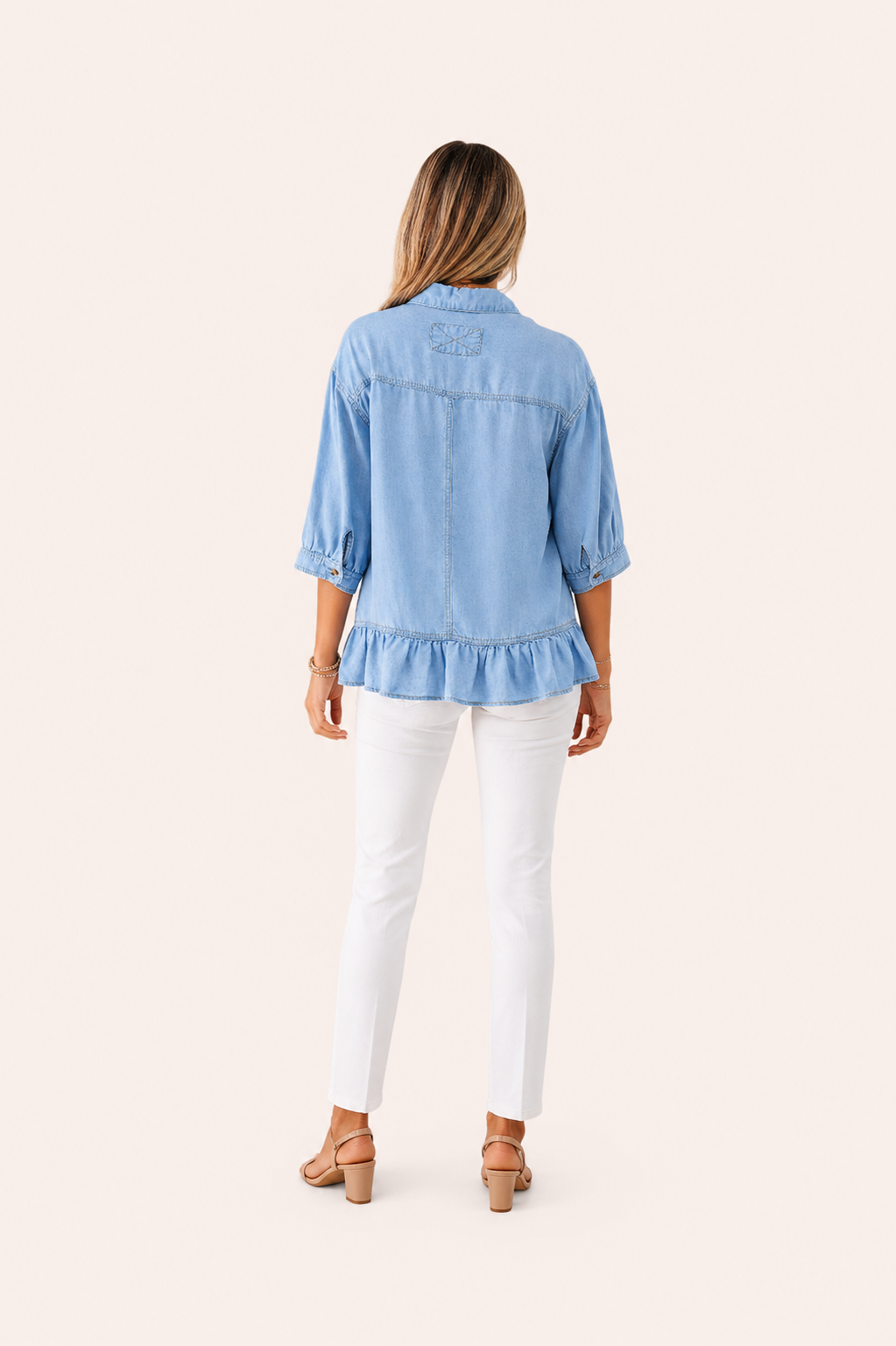 Chambray blouse met halve mouwen