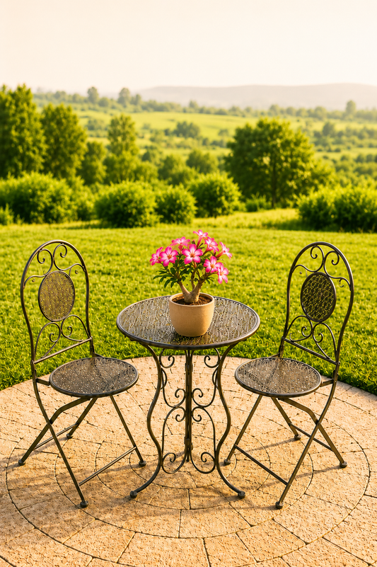 Tuinbistroset in groen metaal met ronde tafel en 2 stoelen