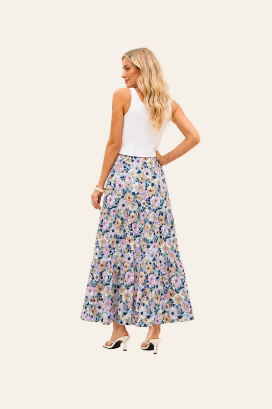 Lichtblauwe boho maxirok met zijsplit en bloemenprint