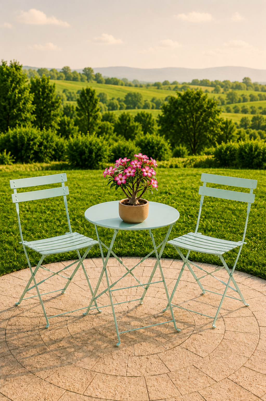 Tuinbistroset in lichtgroen metaal met ronde tafel en 2 stoelen