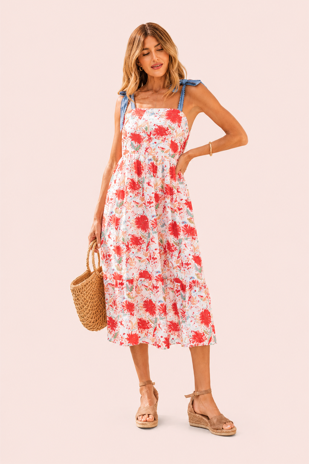 Bloemenprint jurk met hoge taille en denim bandjes