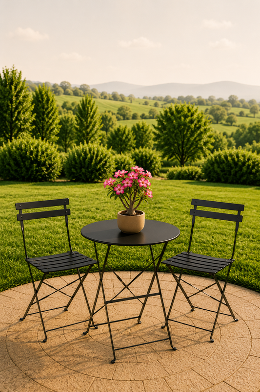 Tuinbistroset in zwart metaal met ronde tafel en 2 stoelen