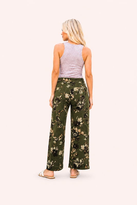 Groene denim jeans met vintage bloemenprint