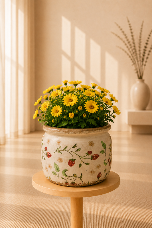 Keramieke bloempot met rode bloemen