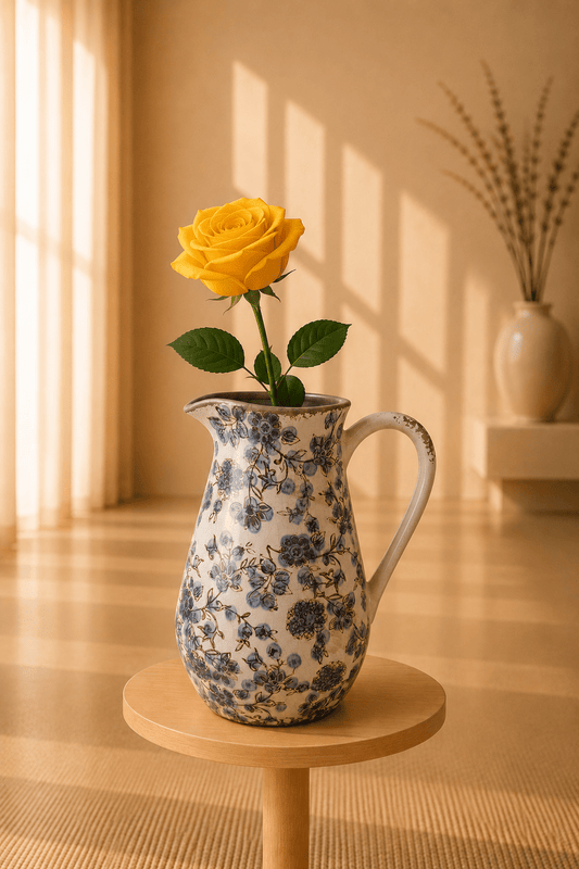Jarra decorativa de cerámica, flores azules, estilo rústico