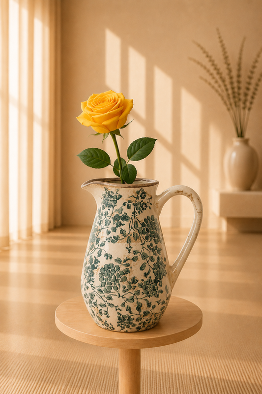 Keramieke decoratiekan groen botanisch bladermotief