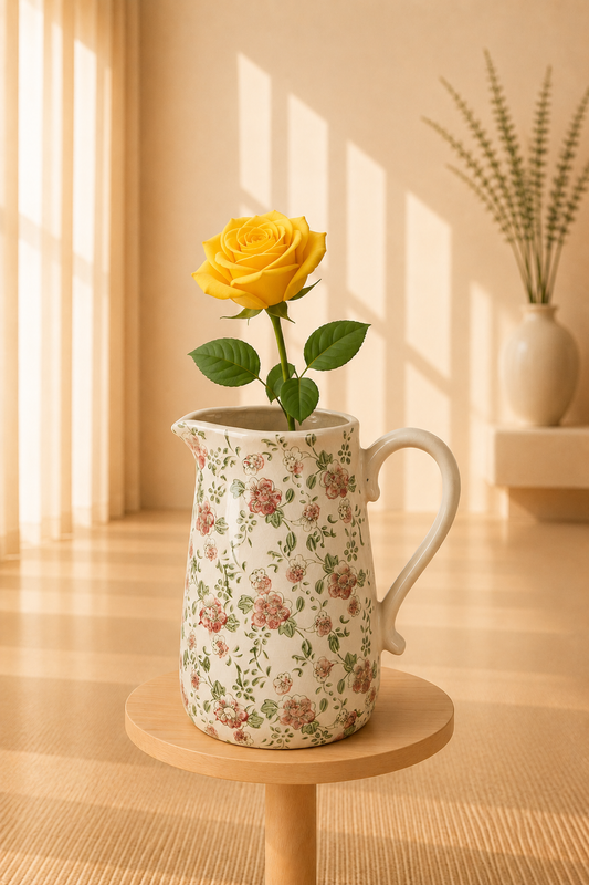 Keramieke decoratiekan met brocante bloemen