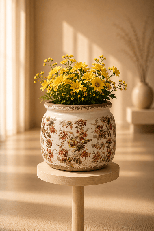 Maceta de cerámica romántica con flores rosas