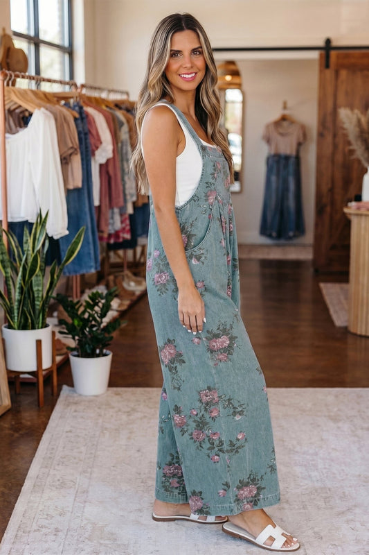 Beau Blue Floral Print Pleated High Waist Wide Leg Denim Jumpsuit