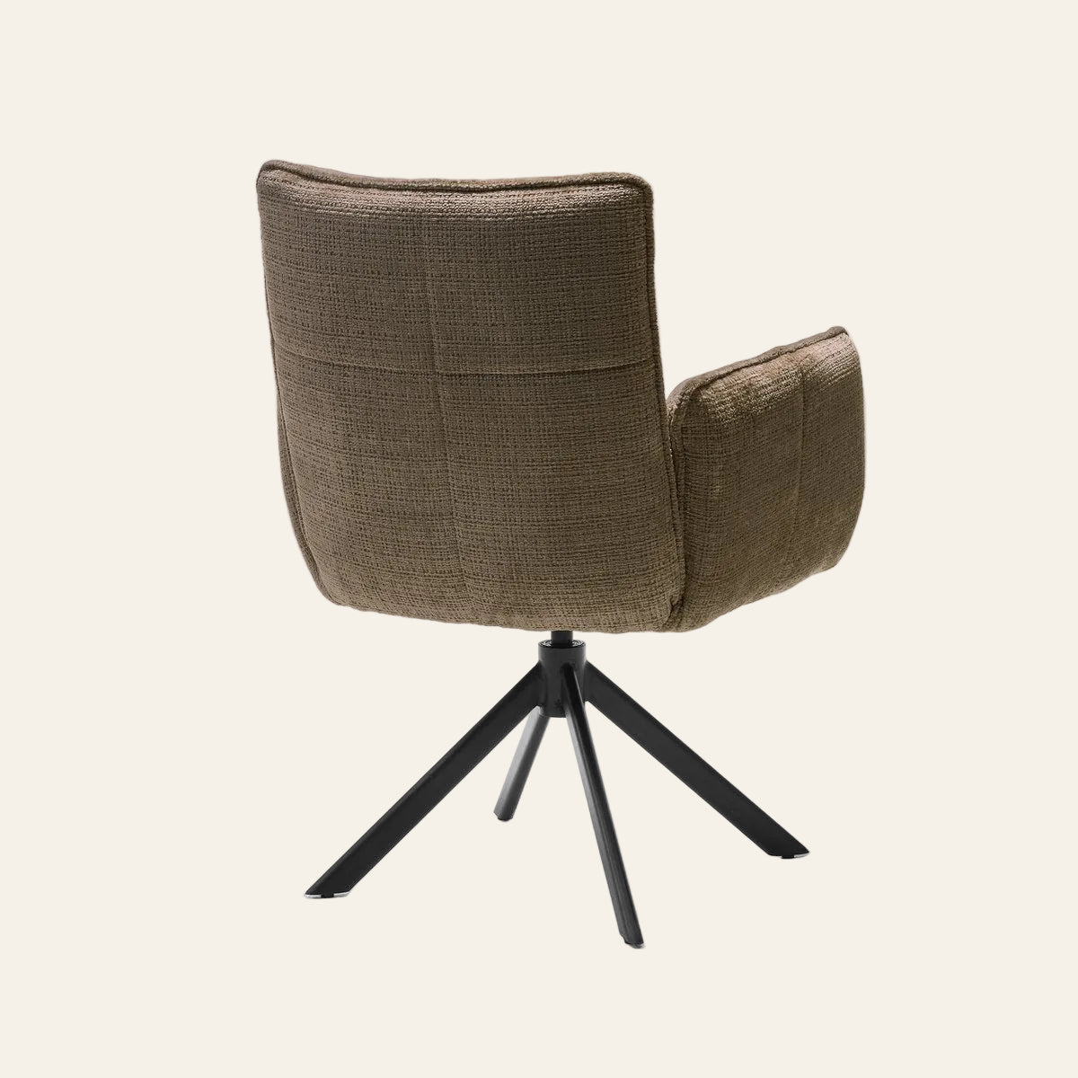 Nova draaibare armstoel in taupekleur met pocketvering, achteraanzicht met ergonomisch gevormde zitting en rugleuning.