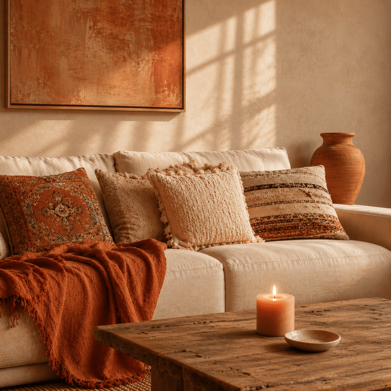 Gezellige Bohemian huiskamer in zachte kleuren 